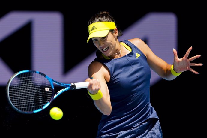 Garbine Muguruza of Spain in action during her third Round Women's singles match against Zarina Diyas of Kazakhstan on Day 5 of the Australian Open at Melbourne Park in Melbourne, Friday, February 12, 2021. (AAP Image/Dave Hunt) NO ARCHIVING, EDITORIAL 