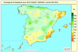 Mapa de lluvias acumuladas en España entre el 1 de octubre de 2020 hasta el 9 de febrero de 2021