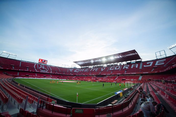 Detail of Stadium during 1/8 round of Copa del Rey, football match played between Sevilla Futbol Club and Valencia Club de Futbol at Ramon Sanchez Pizjuan Stadium on January 27, 2021 in Sevilla, Spain.