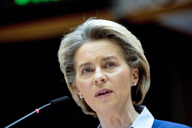 HANDOUT - 10 February 2021, Belgium, Brussels: European Commission President Ursula von der Leyen speaks during a plenary debate on the united EU approach to coronavirus (COVID-19) vaccinations at the European Parliament. Photo: Etienne Ansotte/European