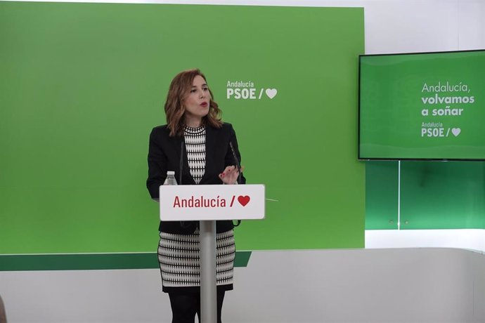 La portavoz de Educación del PSOE-A, Beatriz Rubiño, este viernes en rueda de prensa.