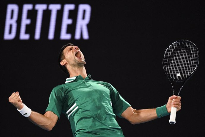 Novak Djokovic of Serbia celebrates after winning his third Round Men's singles match against Taylor Fritz of the United States of America on Day 5 of the Australian Open at Melbourne Park in Melbourne, Friday, February 12, 2021. (AAP Image/Dean Lewins)