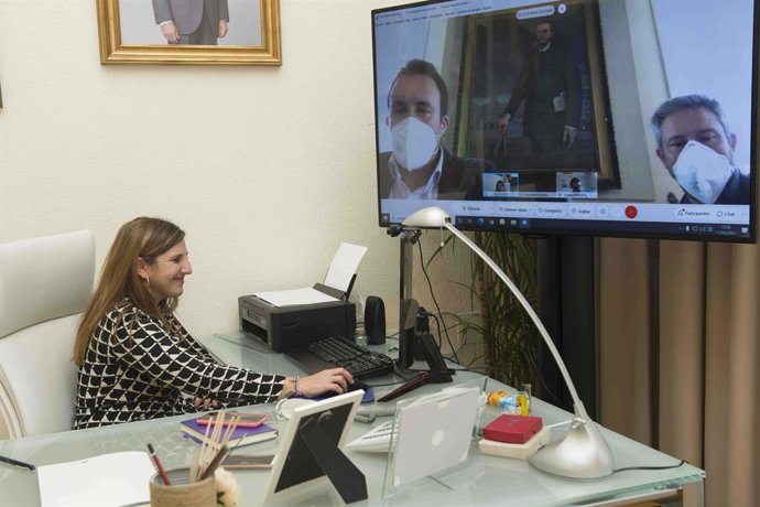 Irene García reunida por videoconferencia con el alcalde de Cádiz