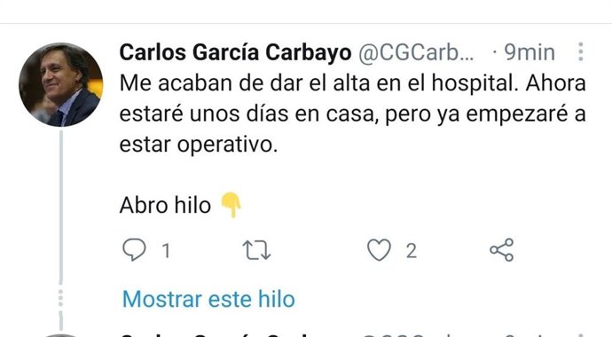 Publicación del alcalde en Twitter sobre su alta hospitalaria.