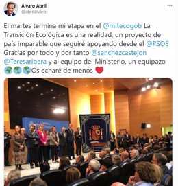 Tuit del director del Gabinete de la vicepresidenta y ministra Teresa Ribera, el vallisoletano Álvaro Abril.