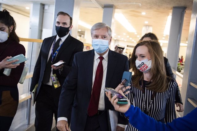 2/9/2021 - Washington, District of Columbia, United States of America: UNITED STATES - FEBRUARY 9: Sen. Lindsey Graham, R-S.C., is seen in the senate subway after the first day of the impeachment trial of former President Donald Trump in the Capitol in 