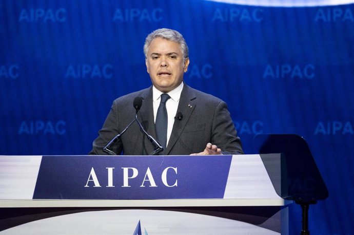 02 March 2020, US, Washington: Colombian President Ivan Duque Marquez speaks during the American Israel Public Affairs Committee (AIPAC) conference. Photo: Michael Brochstein/ZUMA Wire/dpa