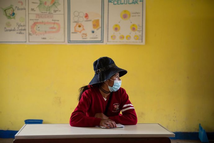 11 February 2021, Bolivia, Palcoco: A student wears a face mask as she sits in a Bolivian-Japanese school classroom amid the Corona pandemic. The school has been allowed to teach partial face-to-face classes since the first of February as children and y