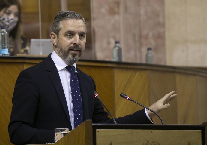 El consejero de Hacienda y Financiación Europea, Juan Bravo, durante su comparecencia en el Pleno extraordinario del Parlamento andaluz. En Sevilla (Andalucía, España), a 21 de enero de 2021.