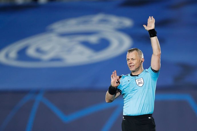 Bjorn Kuipers, referee of the match, gestures during the UEFA Champions League football match played between Real Madrid and Borussia Monchengladbach at Ciudad Deportiva Real Madrid on december 09, 2020, in Valdebebas, Madrid, Spain