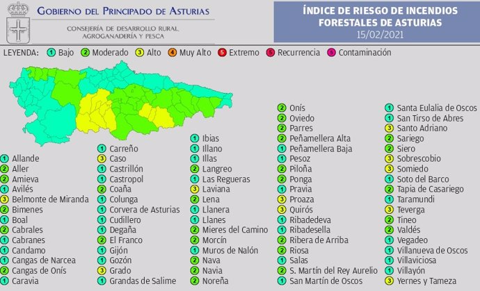 Mapa con el riesgo de incendios en Asturias el 15 de febrero de 2021