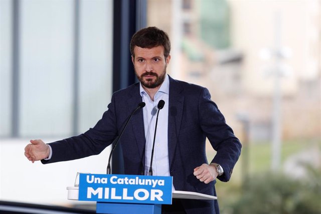 El presidente del Partido Popular, Pablo Casado interviene durante un acto de campaña del PP para las elecciones a la Generalitat del 14-F, en Tarragona, Catalunya (España), a 9 de febrero de 2021.