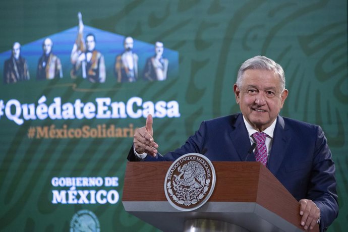 HANDOUT - 08 February 2021, Mexico, Mexico City: Mexican President Andres Manuel Lopez Obrador speaks during a press conference on the Corona pandemic. The head of state is resuming his public appointments after about two weeks of treatment for a Covid 