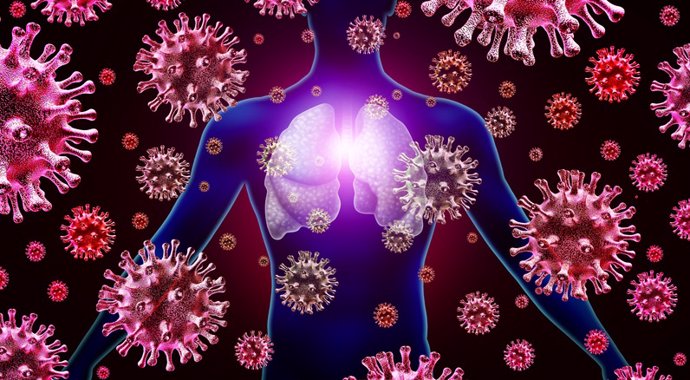 Infección pulmonar  Infección pulmonar por virus respiratorios y brote de gripe y coronavirus o coronavirus como casos peligrosos de SARS como un concepto médico pandémico o epidémico con elementos de ilustración 3D.