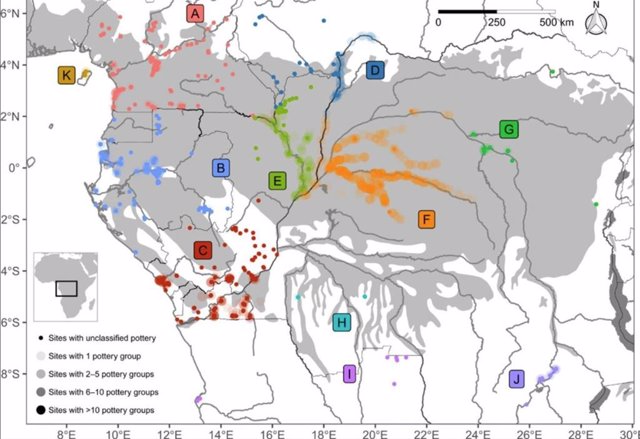 Distribución geográfica de hallazgos de cerámica en la selva tropical del Congo y áreas boscosas adyacentes de África central