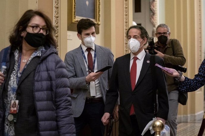 February 9, 2021 - Washington, DC, United States: United States Representative Jamie Raskin (Democrat of Maryland), second from right, wears a protective mask while departing the U.S. Capitol in Washington, D.C., U.S., on Tuesday, Feb. 9, 2021. The Sena
