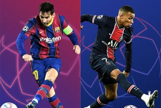 Imagen del Barcelona-PSG en octavos de Champions con Leo Messi  y Kylian Mbappé
