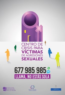 Cartel con el teléfono de contacto del Centro de Crisis para víctimas de agresiones sexuales de Asturias