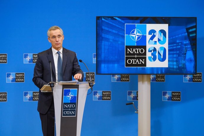 HANDOUT - 15 February 2021, Belgium, Brussels: NATO Secretary General Jens Stoltenberg speaks during a press conference ahead of the meetings of NATO Defence Ministers at NATO Headquarters in Brussels. Photo: -/NATO/dpa - ATTENTION: editorial use only a