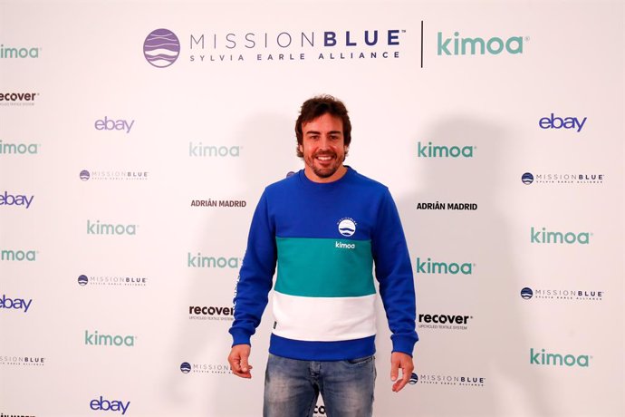Fernando Alonso attends during the presentation of the Kimoax Mission Blue Project with Jesus Calleja as moderador and the artists Okuda and Edgar Plans at Ebay building in Madrid, Spain, on October 21, 2019