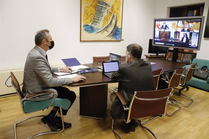 El consejero de Desarrollo Rural, Ganadería, Pesca, Alimentación y Medio Ambiente, Guillermo Blanco (i), y el director general de Biodiversidad, Antonio Lucio, en la reunión telemática con la ministra Teresa Ribera