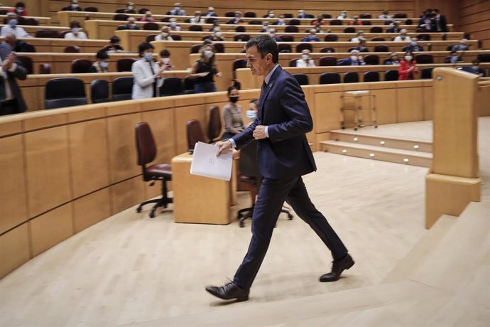 El presidente del Gobierno, Pedro Sánchez, comparece ante el Pleno del Senado, tras el parón estival, en Madrid (España), a 8 de septiembre de 2020. 