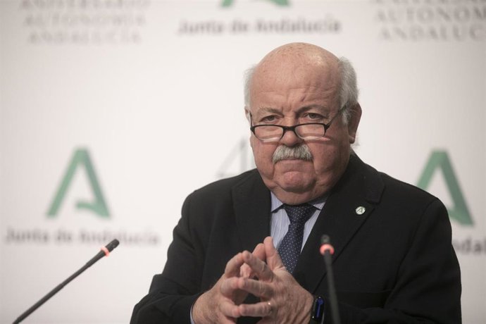 El consejero de Salud y Familias, Jesús Aguirre, durante su intervención en la rueda de prensa posterior a la reunión del Consejo de Gobierno de la Junta de Andalucía. En Sevilla (Andalucía, España), a 16 de febrero de 2021.