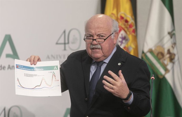 El consejero de Salud y Familias, Jesús Aguirre, durante su intervención en la rueda de prensa posterior a la reunión del Consejo de Gobierno de la Junta de Andalucía. En Sevilla (Andalucía, España), a 16 de febrero de 2021.