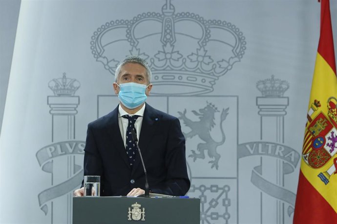 El ministro del Interior, Fernando Grande-Marlaska, interviene durante una rueda de prensa en Moncloa