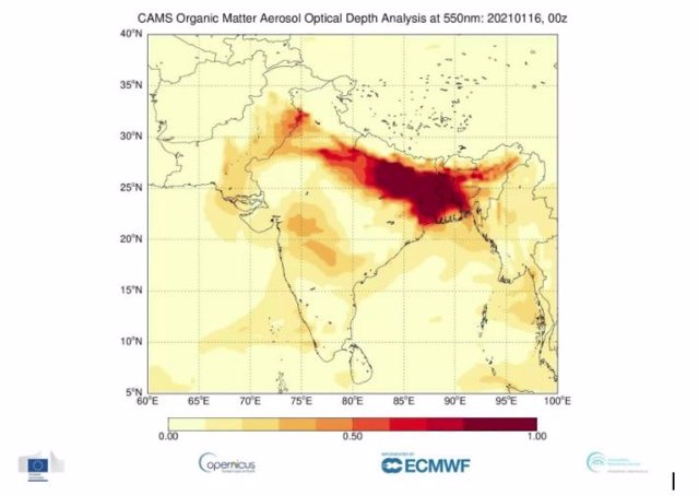 Extensión del esmog invernal en Asia Meridional en invierno de 2021