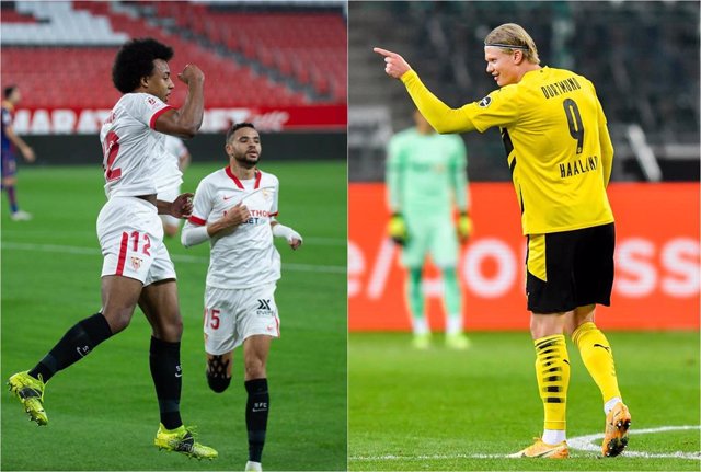 El defensa del Sevilla FC Jules Koundé y el delantero del Borussia Dortmund Erling Haaland