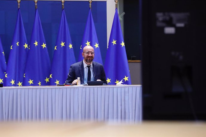 HANDOUT - 11 February 2021, Belgium, Brussels: European Council President Charles Michel attends a video-conference meeting with inter-institutional actors at the European Council headquarters in Brussels. Photo: Dario Pignatelli/European Council/dpa - 