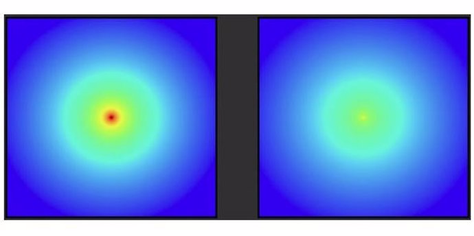 La ilustración de la izquierda indica que la distribución de materia oscura se vuelve más densa en el centro de la galaxia,  como lo encontró este estudio, mientras que la de la derecha muestra una distribución menos densa de la materia oscura según SIDM