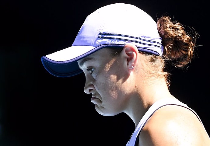 Ash Barty of Australia reacts  during her Quarterfinals Women's singles match against Karolina Muchova of the Czech Republic on Day 10 of the Australian Open at Melbourne Park in Melbourne, Wednesday, February 17, 2021. (AAP Image/Dave Hunt) NO ARCHIVIN