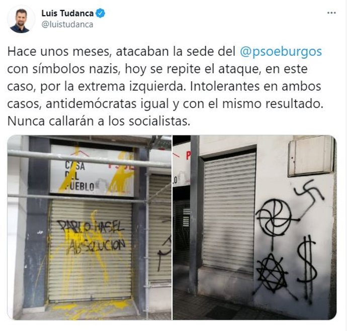 El PSOE denuncia pintadas de "extrema izquierda" en su sede de Burgos meses después de ser atacada con "símbolos nazis"