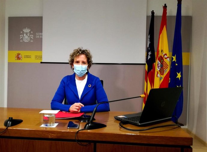 La delegada del Gobierno en Baleares, Aina Calvo, durante la rueda de prensa de hoy.