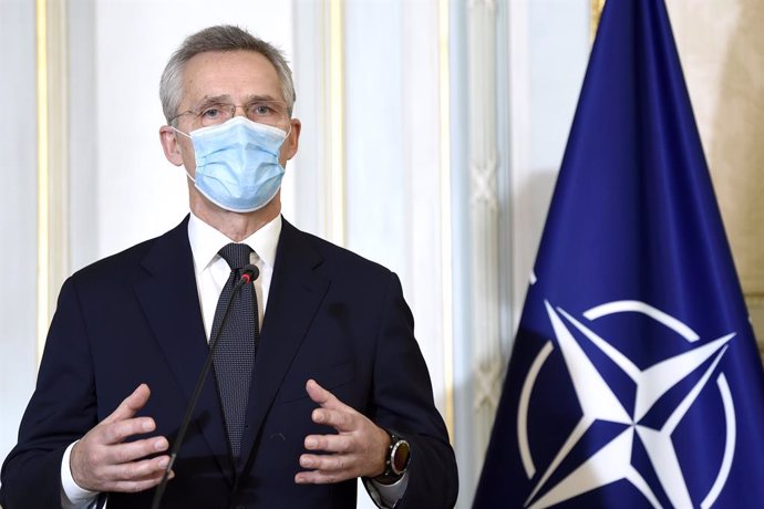 04 February 2021, Belgium, Brussels: The North Atlantic Treaty Organization (NATO) Secretary General Jens Stoltenberg speaks during a press conference with Belgian Prime Minister Alexander De Croo (Not Pictured) after their meeting at the NATO-headquart