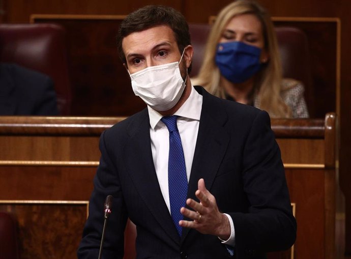 El líder del PP, Pablo Casado, interviene durante una sesión de Control al Gobierno celebrada en el Congreso de los Diputados, en Madrid, (España), a 17 de febrero de 2021.