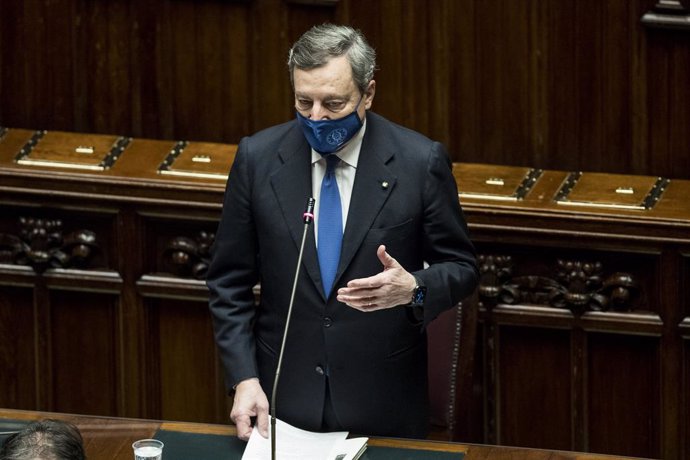 18 February 2021, Italy, Rome: Italy's Prime Minister Mario Draghi speaks during a confidence vote on his government at the lower Chamber of Deputies. Photo: Roberto Monaldo/LaPresse via ZUMA Press/dpa