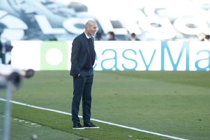 Zinedine Zidane, head coach of Real Madrid, gestures during the spanish league, La Liga, football match played between Real Madrid and Valencia CF at Ciudad Deportiva Real Madrid on february 14, 2021, in Valdebebas, Madrid, Spain.
