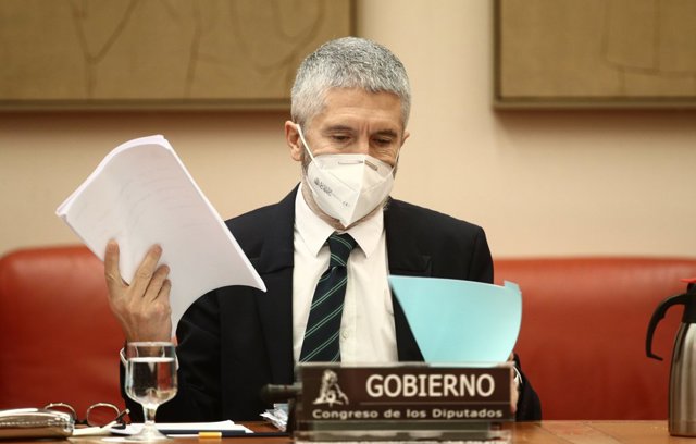 El ministro de Interior, Fernando Grande-Marlaska, durante la Comisión de Interior celebrada en la Sala Constitucional del Congreso de los Diputados
