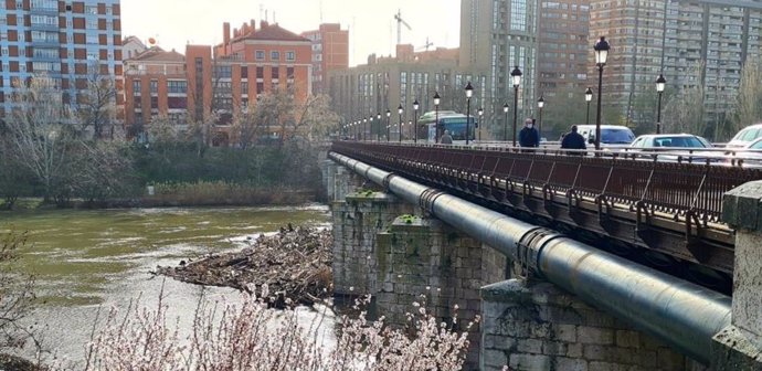 Puente mayor de Valladolid, con el 'tapón' de troncos y maleza.