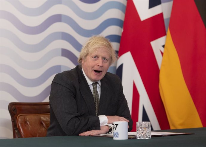 19 February 2021, United Kingdom, London: UK Prime Minister Boris Johnson speaks with the G7 leaders during a virtual meeting to discuss worldwide distribtuion of coronavirus vaccines and preventing future pandemics. Photo: Geoff Pugh/Daily Telegraph vi