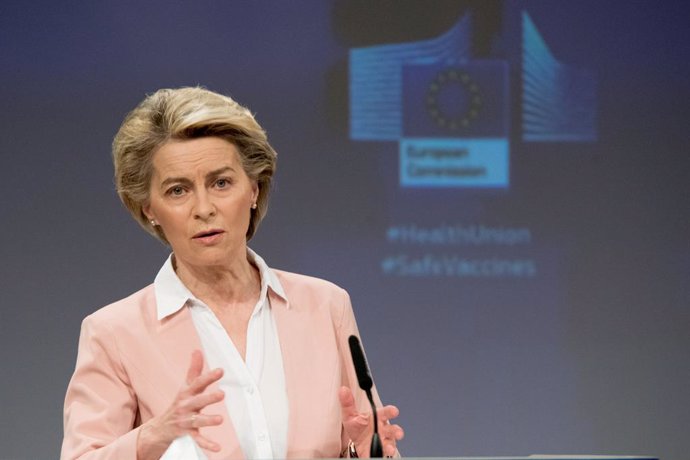 HANDOUT - 17 February 2021, Belgium, Brussels: European Commission President Ursula von Der Leyen speaks during a joint press conference on the measures taken against COVID-19 mutations, vaccine supply and distribution. Photo: Etienne Ansotte/European C