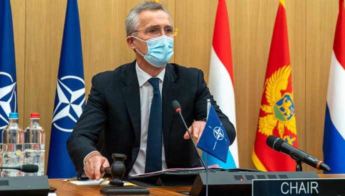 HANDOUT - 18 February 2021, Belgium, Brussels: North Atlantic Treaty Organization (NATO) Secretary-General Jens Stoltenberg chairs a meeting of NATO Defence Ministers at NATO headquarters. Photo: -/NATO/dpa - ATTENTION: editorial use only and only if th
