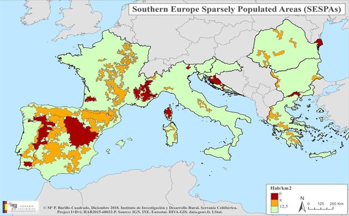 Mapa de las zonas más despobladas de Europa.