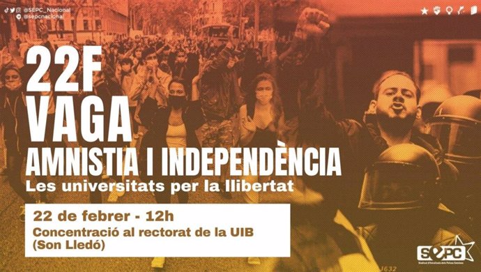 Imagen del cartel de SEPC de la convocatoria de huelga y concentración este lunes en la UIB por Pablo Hasél.