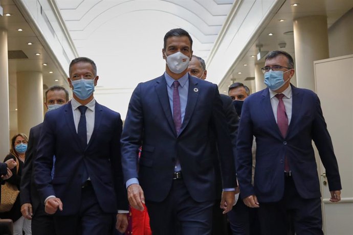 Archivo - El presidente del Gobierno, Pedro Sánchez (c), a su llegada a la comparecencia ante el Pleno del Senado, tras el parón estival, en Madrid (España), a 8 de septiembre de 2020. 