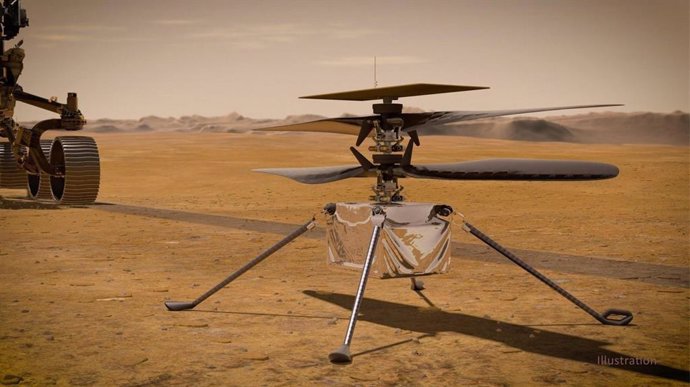En esta ilustración, el helicóptero Ingenuity Mars de la NASA se encuentra en la superficie del Planeta Rojo como el rover Perseverance de la NASA.