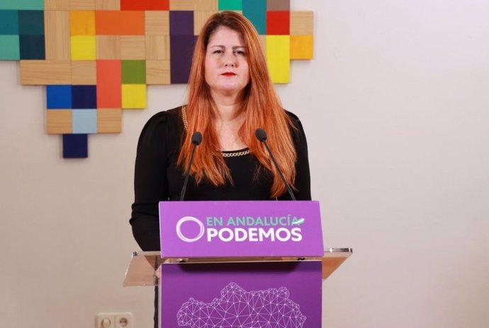 La coportavoz de Podemos Andalucía Susana Serrano, en rueda de prensa.